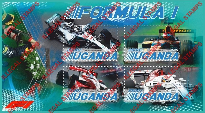 Uganda 2018 Formula I Race Cars Illegal Stamp Souvenir Sheet of 4