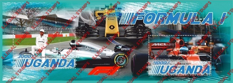 Uganda 2018 Formula I Race Cars Illegal Stamp Souvenir Sheet of 2