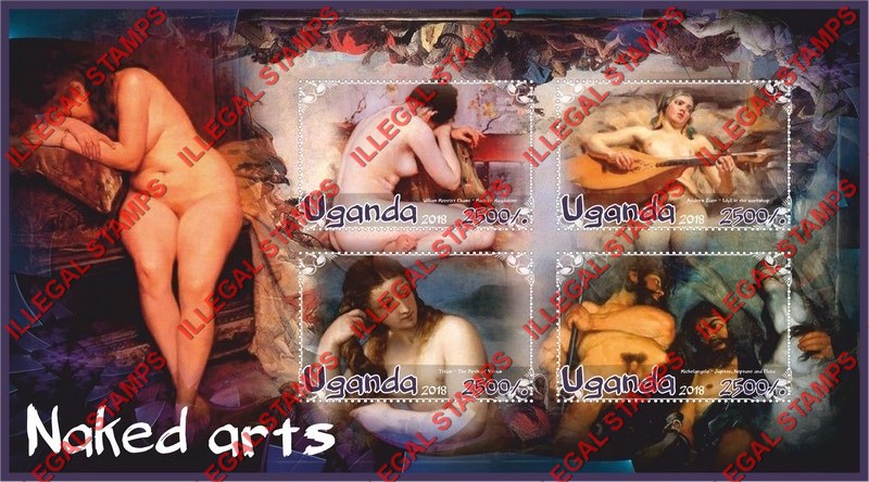 Uganda 2018 Paintings Naked Arts Illegal Stamp Souvenir Sheet of 4