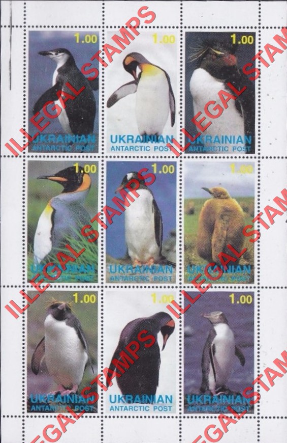Ukrainian Antarctic Post 1998 Penguins Counterfeit Illegal Stamp Souvenir Sheet of 9 (Sheet 1)