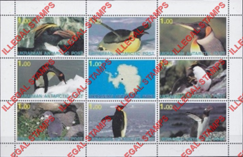 Ukrainian Antarctic Post 1998 Penguins Counterfeit Illegal Stamp Souvenir Sheet of 9 (Sheet 2)