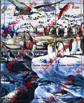 Ukrainian Antarctic Post 2000 Penguins and Seals Counterfeit Illegal Stamp Souvenir Sheet of 9 (Sheet 2)