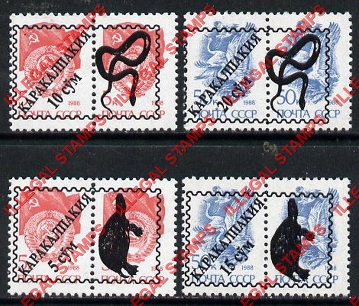 KARAKALPAKIA 1992 Snakes and Turtles Overprints on Russia Definitives Counterfeit Illegal Stamps