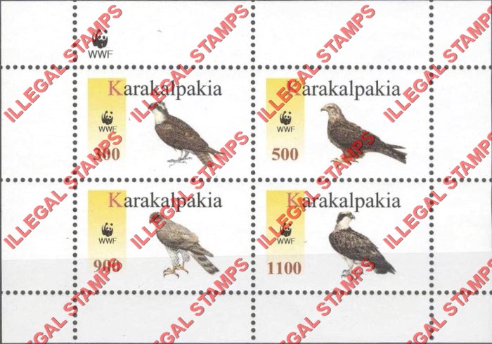 KARAKALPAKIA 1996 Birds of Prey and WWF Logo Counterfeit Illegal Stamp Souvenir Sheet of 4