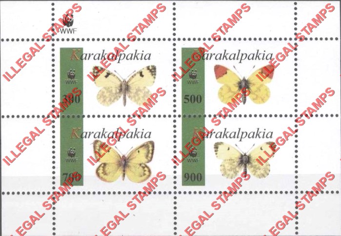 KARAKALPAKIA 1996 Butterflies and WWF Logo Counterfeit Illegal Stamp Souvenir Sheet of 4