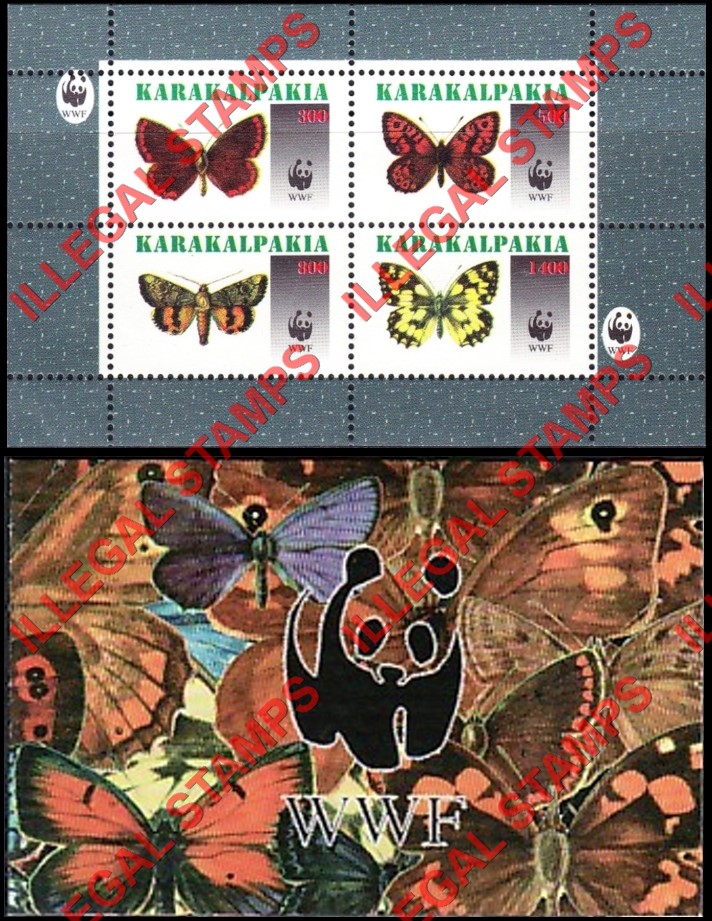 KARAKALPAKIA 1996 Butterflies and WWF Logo Counterfeit Illegal Stamp Souvenir Sheet of 4 Booklet