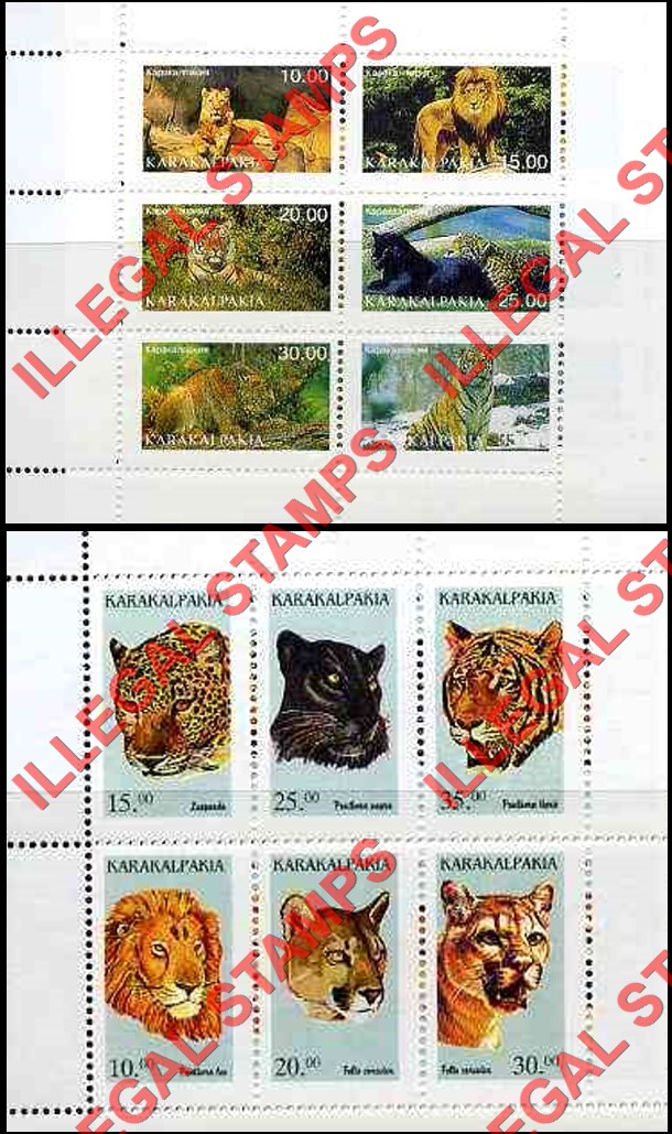 KARAKALPAKIA 1997 Big Cats Counterfeit Illegal Stamp Souvenir Sheets of 6