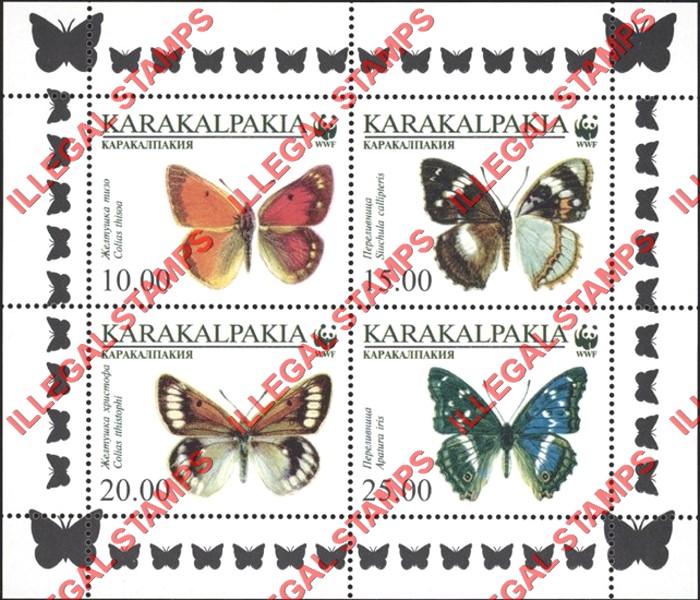 KARAKALPAKIA 1997 Butterflies with WWF Logo Counterfeit Illegal Stamp Souvenir Sheet of 4