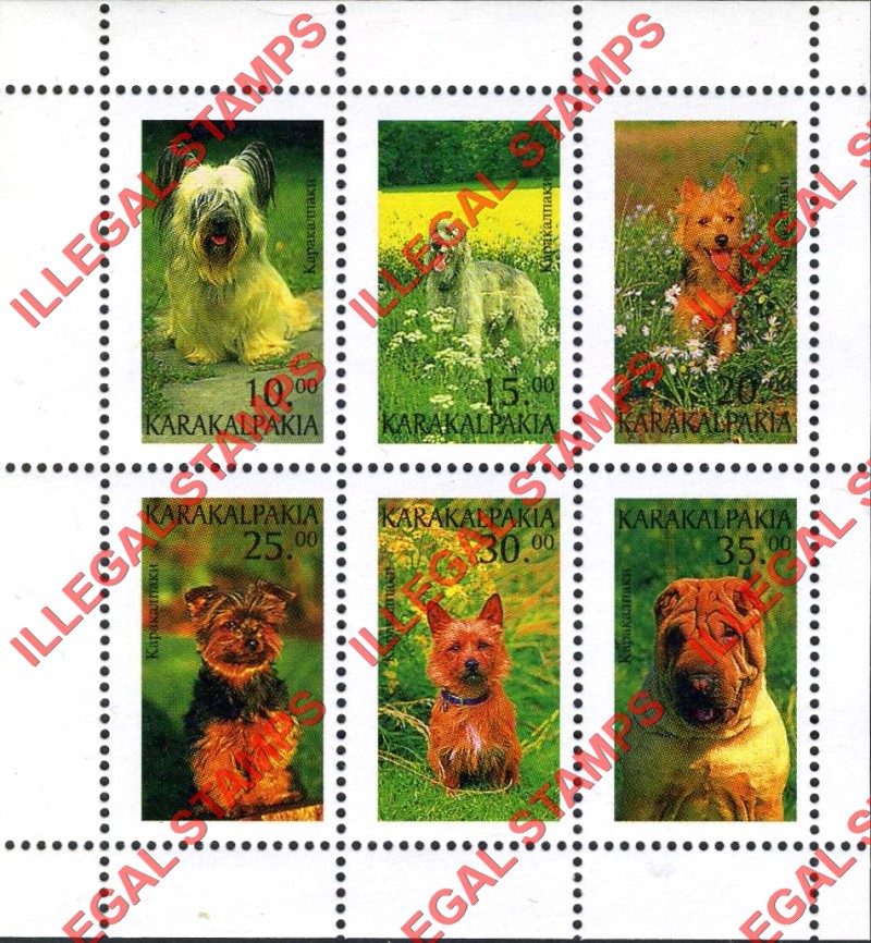 KARAKALPAKIA 1997 Dogs Counterfeit Illegal Stamp Souvenir Sheet of 6