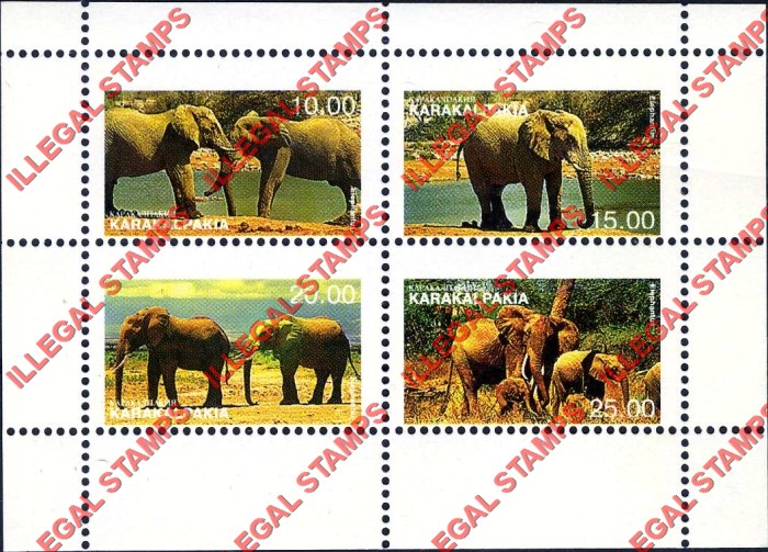 KARAKALPAKIA 1997 Elephants Counterfeit Illegal Stamp Souvenir Sheet of 4