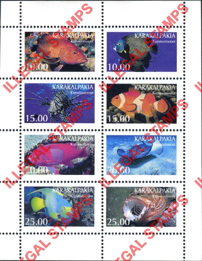 KARAKALPAKIA 1997 Fish Counterfeit Illegal Stamp Souvenir Sheet of 8