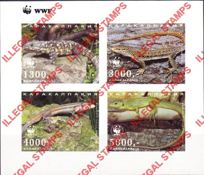 KARAKALPAKIA 1997 Reptiles Lizards with WWF Logo Counterfeit Illegal Stamp Souvenir Sheet of 4