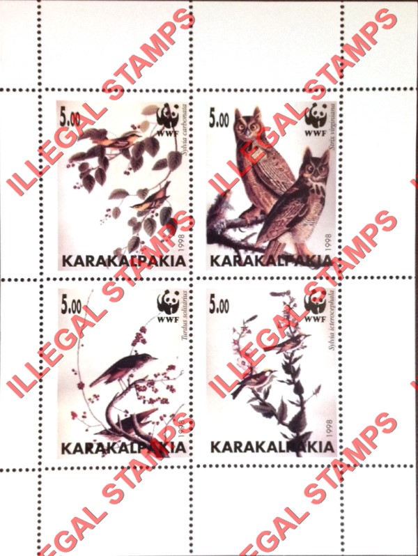 KARAKALPAKIA 1998 Birds and Owls with WWF Logo Counterfeit Illegal Stamp Souvenir Sheet of 4