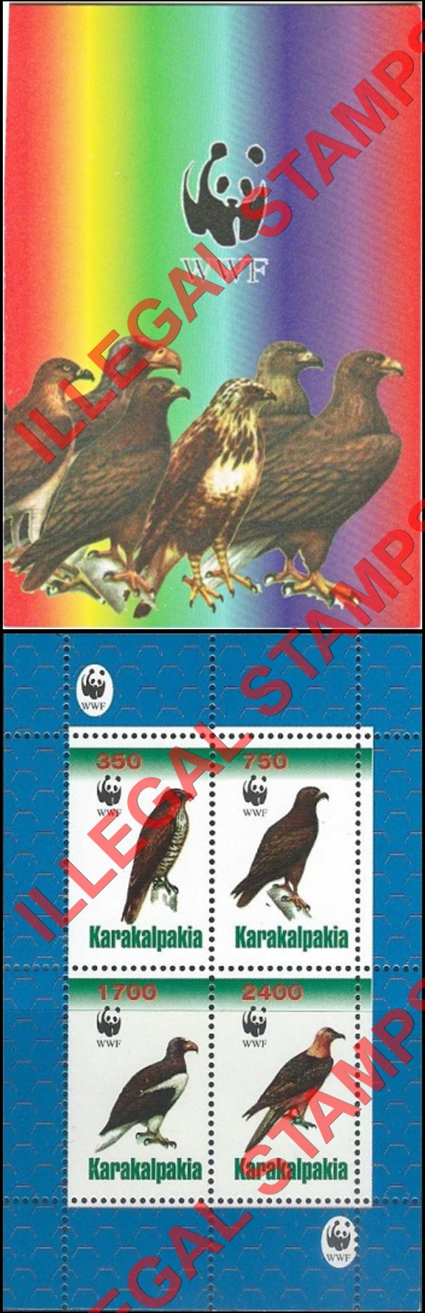 KARAKALPAKIA 1998 Birds of Prey with WWF Logo Counterfeit Illegal Stamp Souvenir Sheet of 4 Booklet