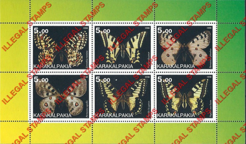 KARAKALPAKIA 1998 Butterflies Counterfeit Illegal Stamp Souvenir Sheet of 6