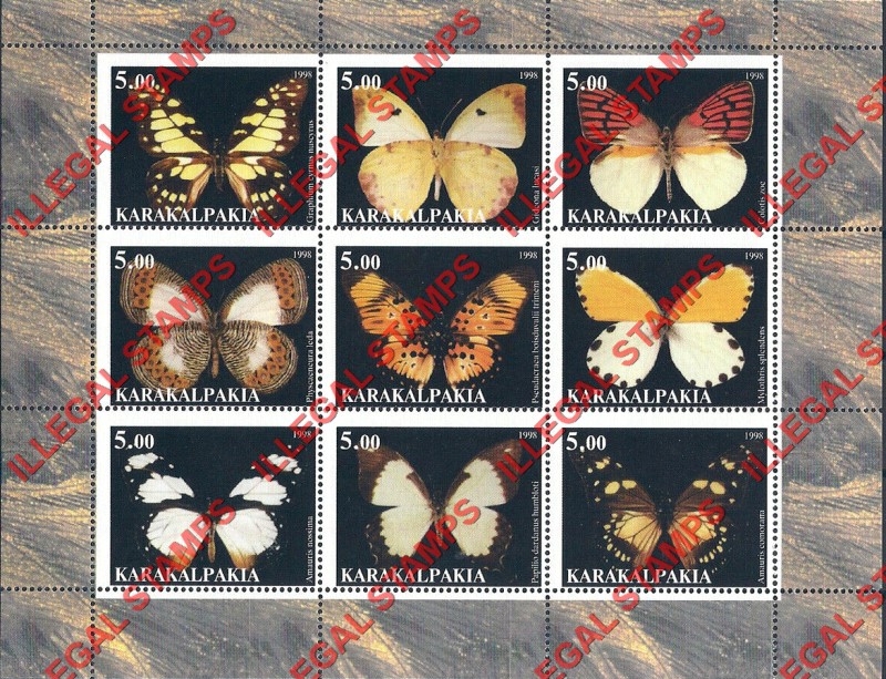 KARAKALPAKIA 1998 Butterflies Counterfeit Illegal Stamp Souvenir Sheet of 9 (Sheet 1)