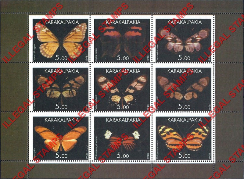 KARAKALPAKIA 1998 Butterflies Counterfeit Illegal Stamp Souvenir Sheet of 9 (Sheet 2)