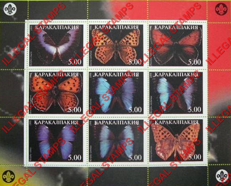 KARAKALPAKIA 1998 Butterflies Counterfeit Illegal Stamp Souvenir Sheet of 9 (Sheet 3)