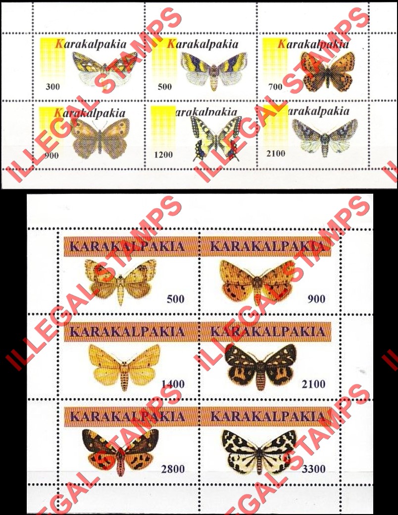 KARAKALPAKIA 1998 Butterflies Counterfeit Illegal Stamp Souvenir Sheets of 6