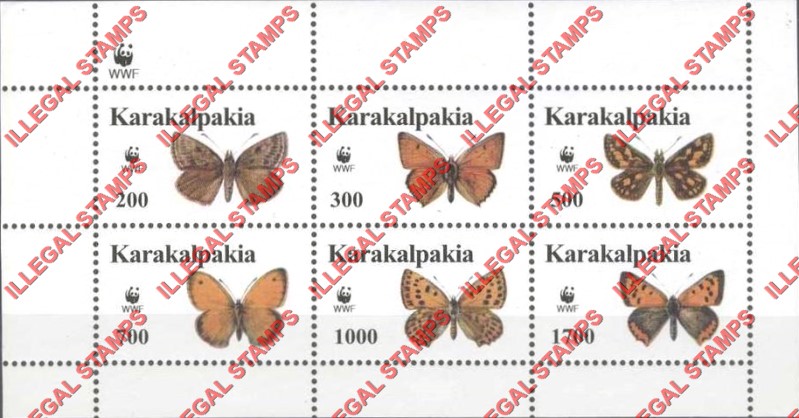 KARAKALPAKIA 1998 Butterflies with WWF Logo Counterfeit Illegal Stamp Souvenir Sheet of 6