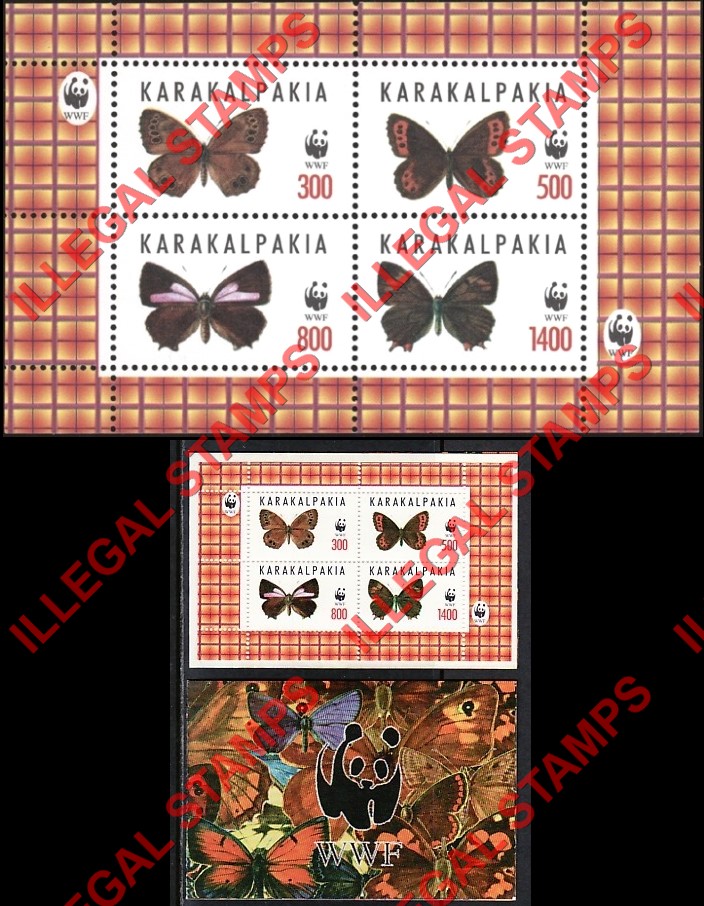 KARAKALPAKIA 1998 Butterflies with WWF Logo Counterfeit Illegal Stamp Souvenir Sheet of 4 Booklet
