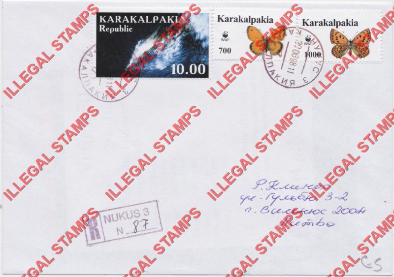 KARAKALPAKIA 1998 Butterflies with WWF Logo Counterfeit Illegal Stamps Used on Bogus Cover