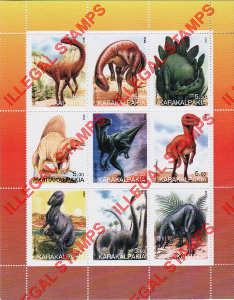 KARAKALPAKIA 1998 Dinosaurs Counterfeit Illegal Stamp Souvenir Sheet of 9