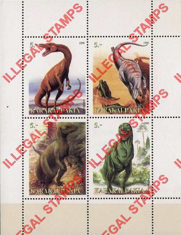 KARAKALPAKIA 1998 Dinosaurs Counterfeit Illegal Stamp Souvenir Sheet of 4