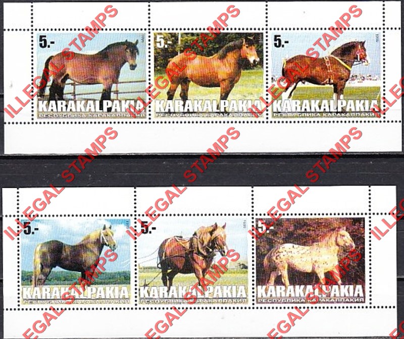 KARAKALPAKIA 1998 Horses Counterfeit Illegal Stamp Souvenir Sheets of 3