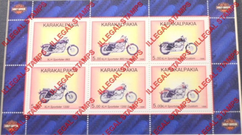 KARAKALPAKIA 1998 Motorcycles Harley Davidson Counterfeit Illegal Stamp Souvenir Sheet of 6