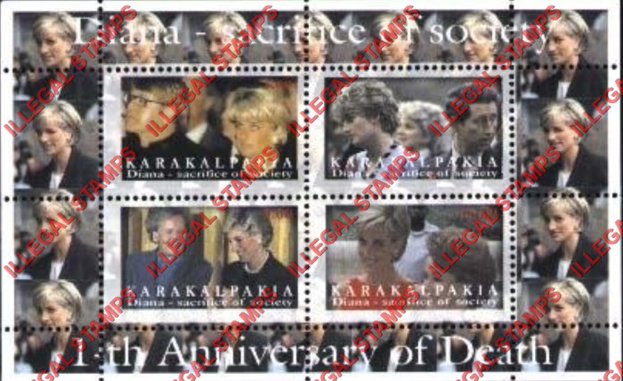 KARAKALPAKIA 1998 Princess Diana Counterfeit Illegal Stamp Souvenir Sheet of 4