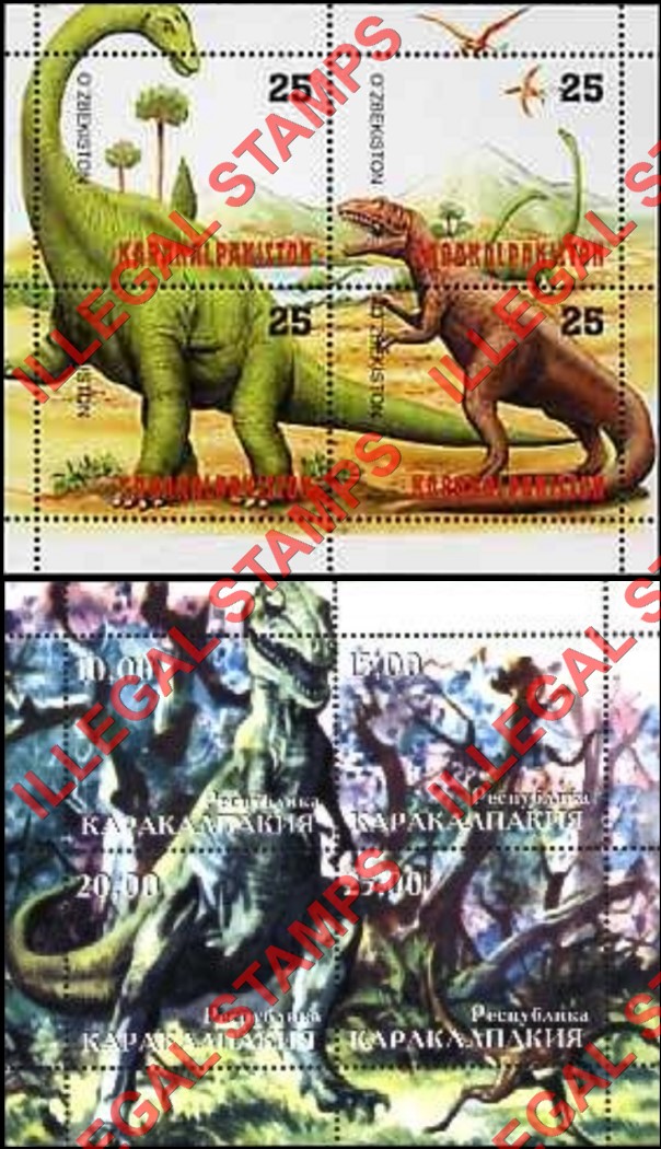 KARAKALPAKIA 1999 Dinosaurs Counterfeit Illegal Stamp Souvenir Sheets of 4