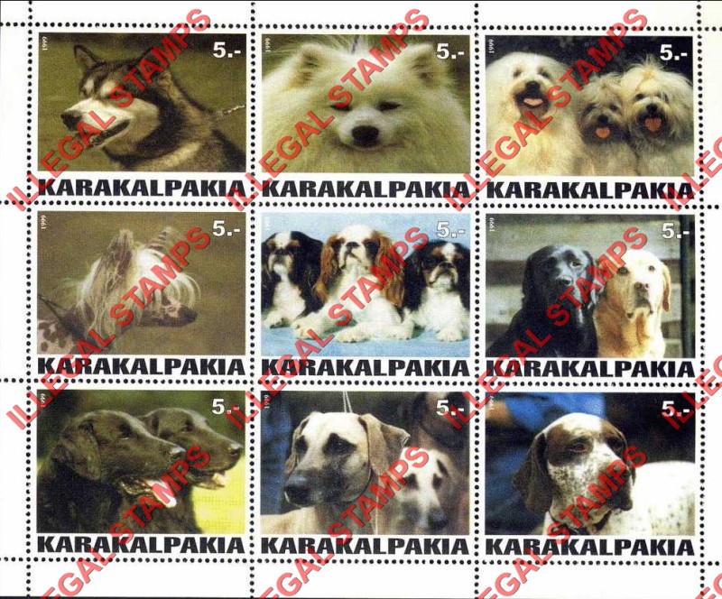 KARAKALPAKIA 1999 Dogs Counterfeit Illegal Stamp Souvenir Sheet of 9