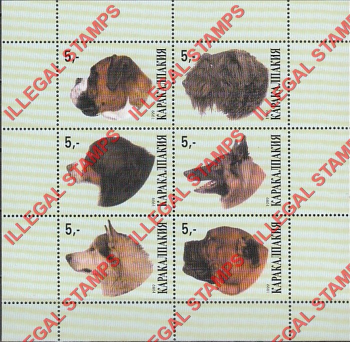 KARAKALPAKIA 1999 Dogs Counterfeit Illegal Stamp Souvenir Sheet of 6 (Sheet 3)
