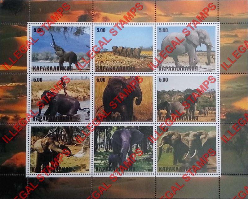 KARAKALPAKIA 2000 Elephants Counterfeit Illegal Stamp Souvenir Sheet of 9