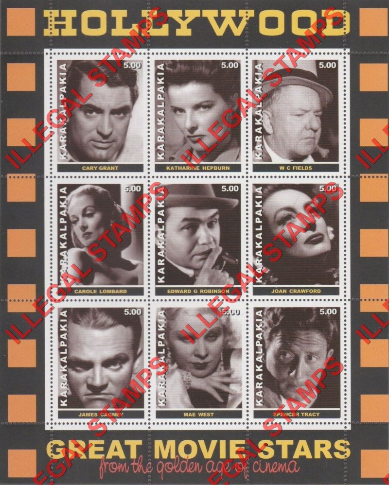 KARAKALPAKIA 2000 Hollywood Movie Stars Counterfeit Illegal Stamp Souvenir Sheet of 9