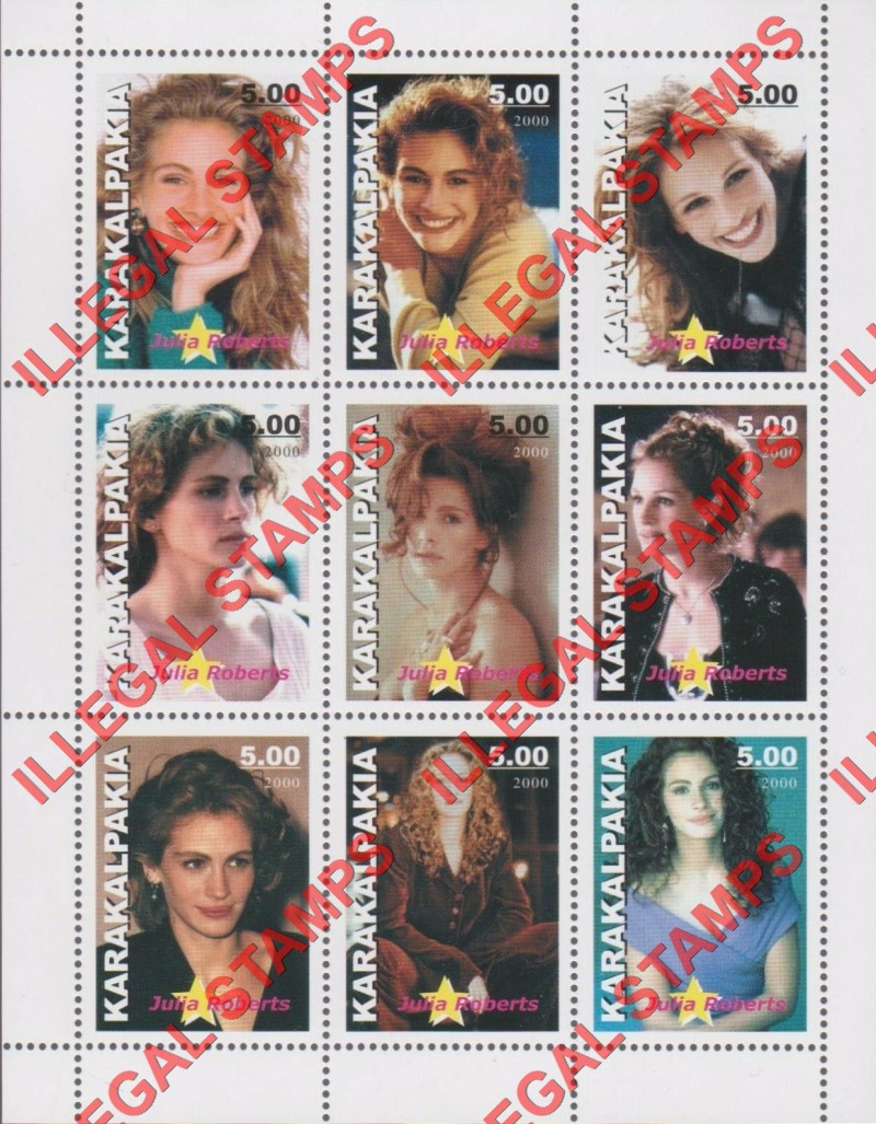 KARAKALPAKIA 2000 Julia Roberts Counterfeit Illegal Stamp Souvenir Sheet of 9