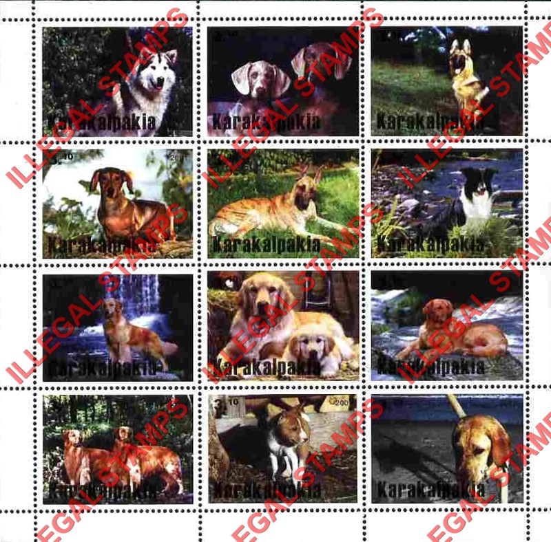 KARAKALPAKIA 2001 Dogs Counterfeit Illegal Stamp Souvenir Sheet of 12