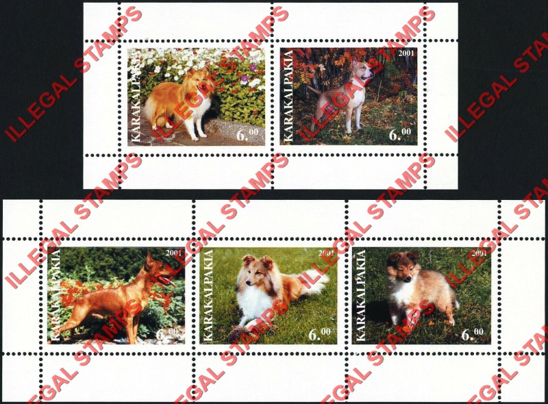 KARAKALPAKIA 2001 Dogs Counterfeit Illegal Stamp Souvenir Sheets of 3 and 2