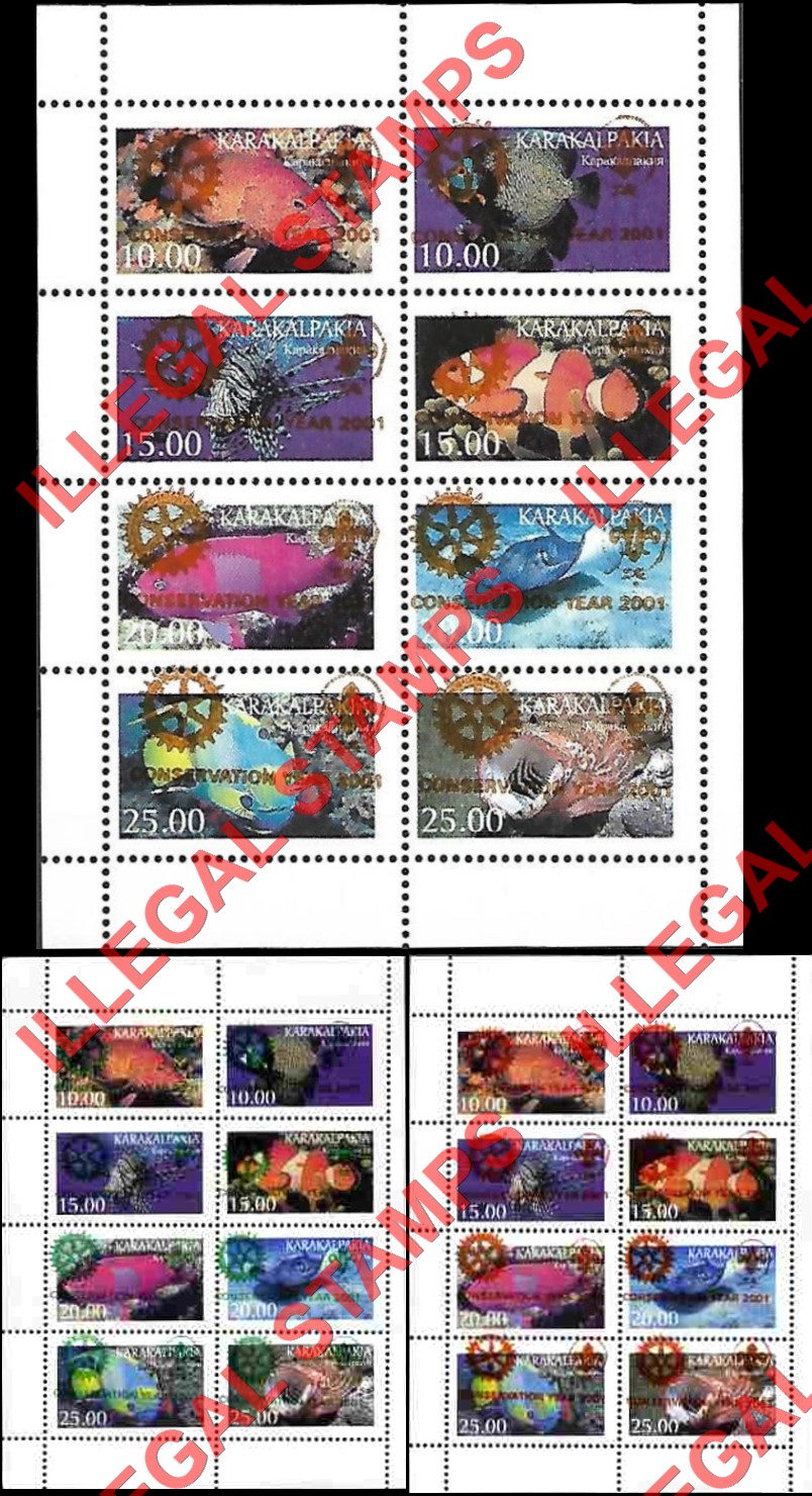 KARAKALPAKIA 2001 the 1997 Fish Counterfeit Illegal Stamp Souvenir Sheets of 8 Overprinted for Conservation Year with Rotary and Scouts Logo's