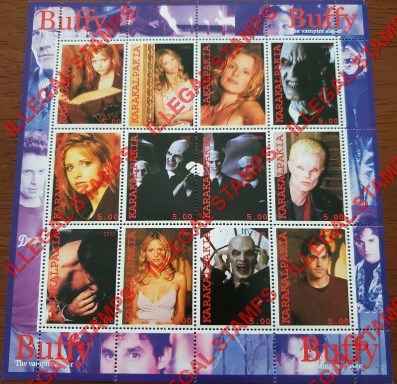 KARAKALPAKIA 2002 Buffy the Vampire Slayer Counterfeit Illegal Stamp Souvenir Sheet of 12 (Sheet 1)