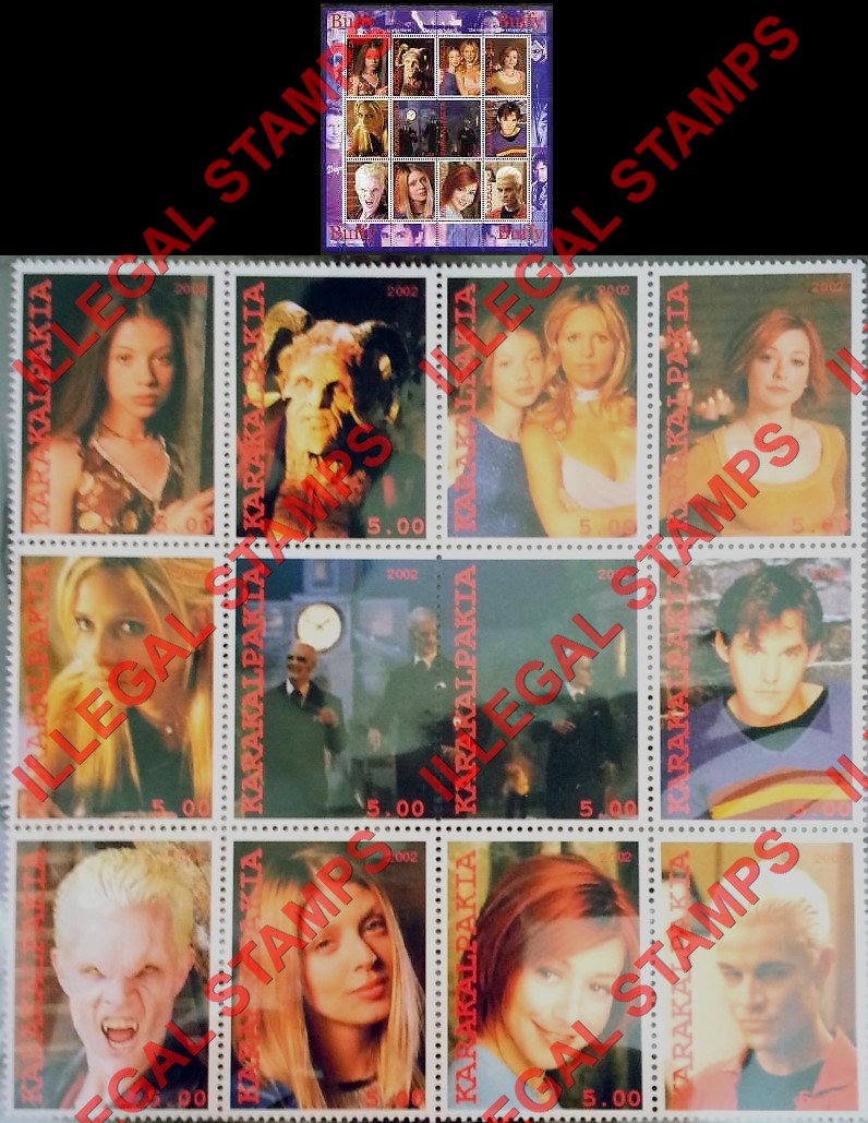 KARAKALPAKIA 2002 Buffy the Vampire Slayer Counterfeit Illegal Stamp Souvenir Sheet of 12 (Sheet 2)