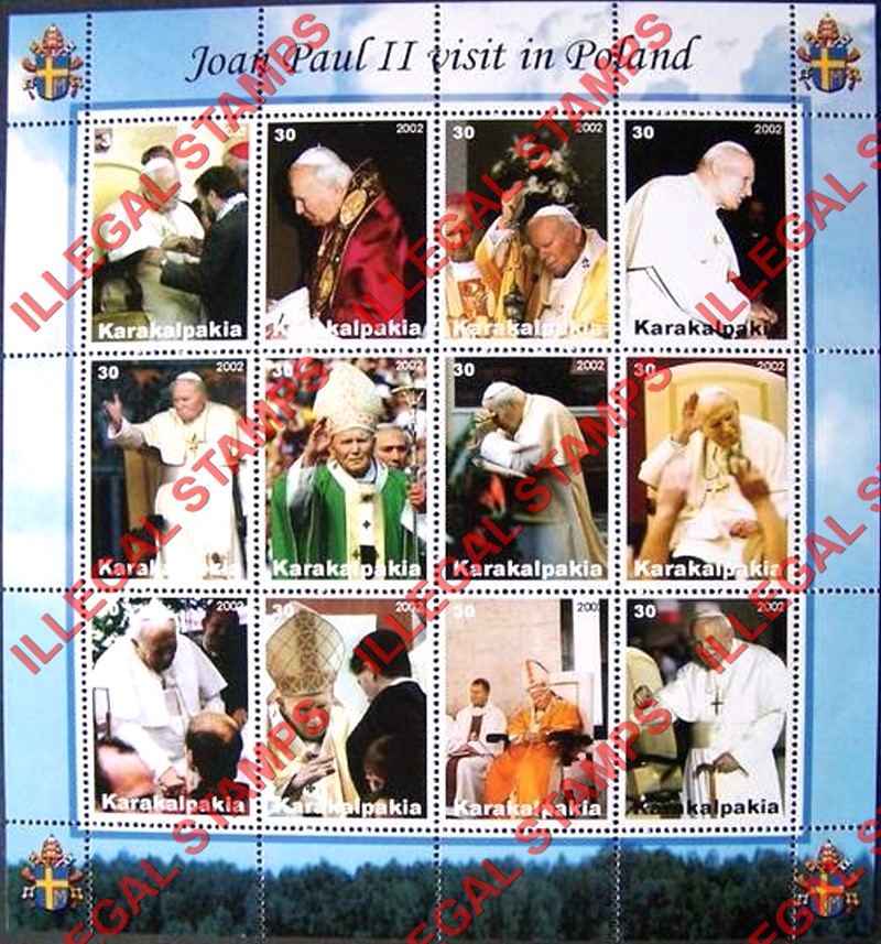 KARAKALPAKIA 2002 Pope John Paul II Visit in Poland Counterfeit Illegal Stamp Souvenir Sheet of 12