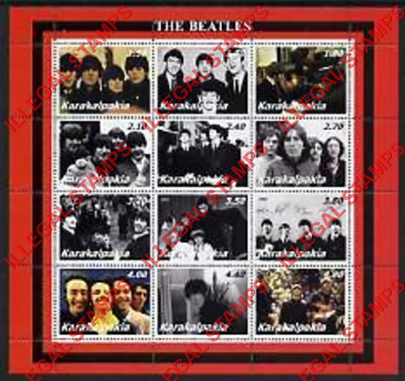 KARAKALPAKIA 2002 The Beatles Counterfeit Illegal Stamp Souvenir Sheet of 12