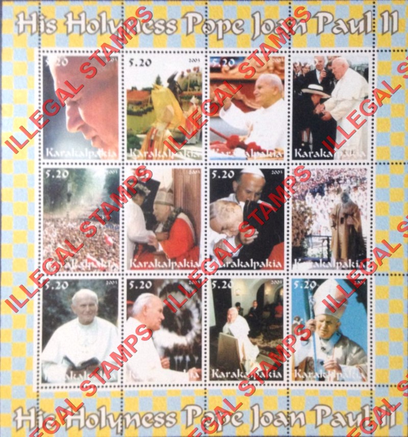 KARAKALPAKIA 2003 His Holiness Pope John Paul II Counterfeit Illegal Stamp Souvenir Sheet of 12 (Sheet 1)