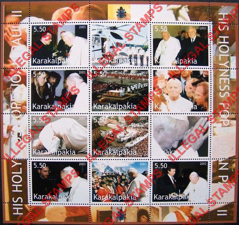 KARAKALPAKIA 2003 His Holiness Pope John Paul II Counterfeit Illegal Stamp Souvenir Sheet of 12 (Sheet 2)