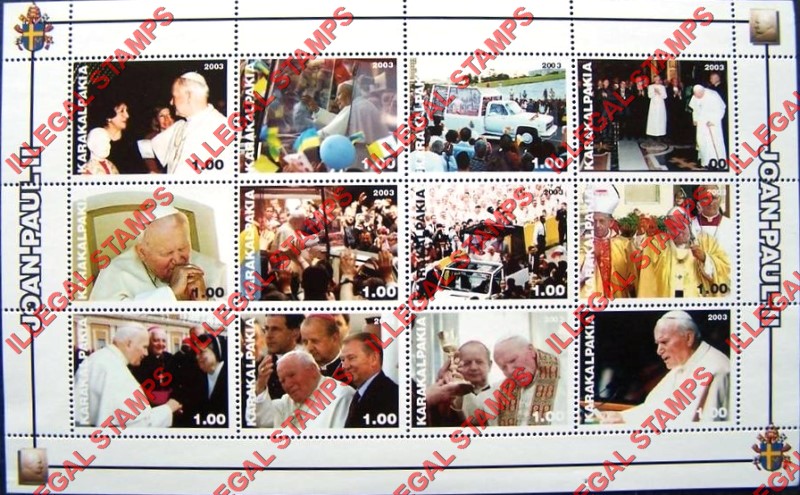 KARAKALPAKIA 2003 Pope John Paul II Entitled JOAN PAUL II Counterfeit Illegal Stamp Souvenir Sheet of 12 (Sheet 1)