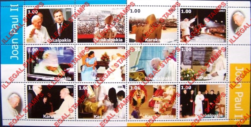 KARAKALPAKIA 2003 Pope John Paul II Entitled JOAN PAUL II Counterfeit Illegal Stamp Souvenir Sheet of 12 (Sheet 2)