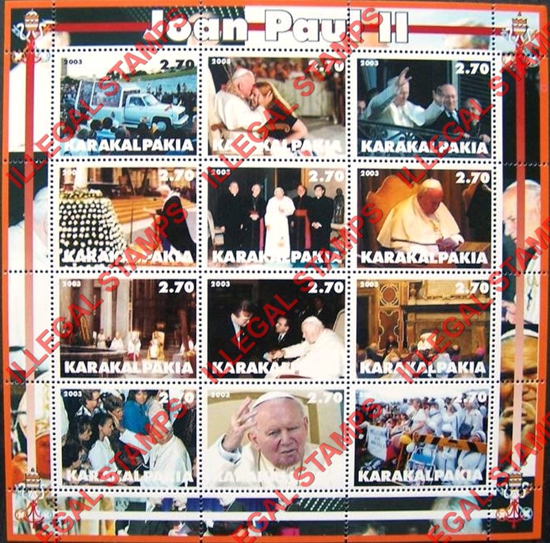 KARAKALPAKIA 2003 Pope John Paul II Entitled JOAN PAUL II Counterfeit Illegal Stamp Souvenir Sheet of 12 (Sheet 3)