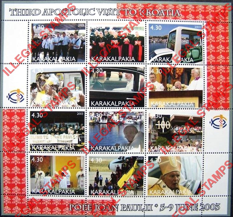 KARAKALPAKIA 2003 Pope John Paul II Third Apostolic Visit to Kroatia Counterfeit Illegal Stamp Souvenir Sheet of 12